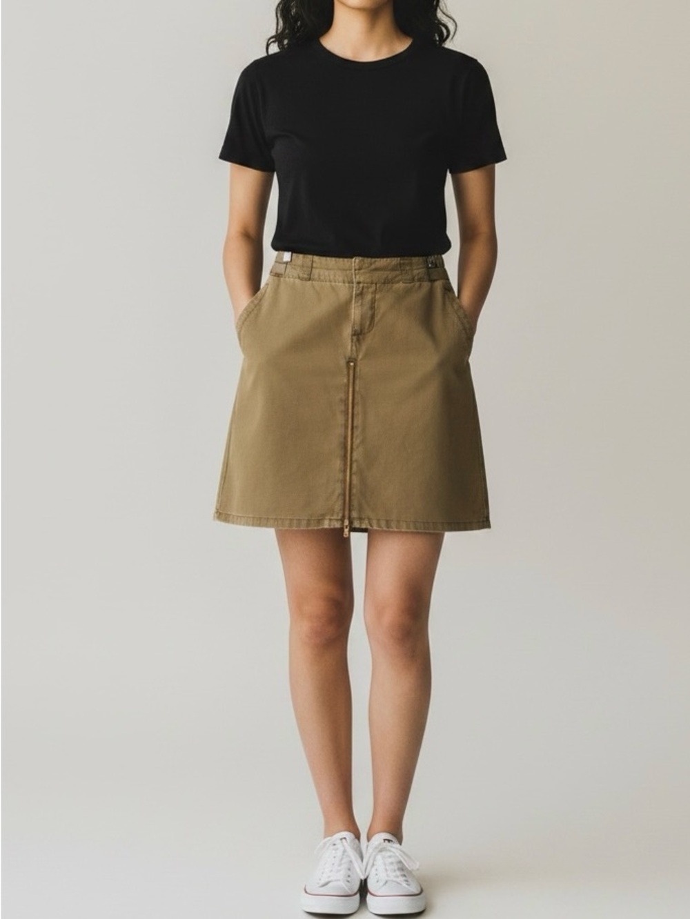 Khaki Skirt Exposed Zipper Buckle Accents